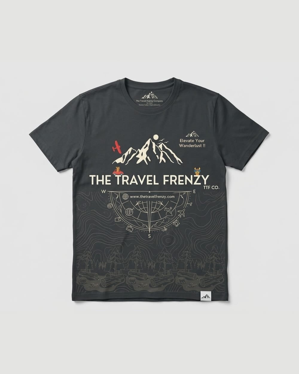 The Travel Frenzy T-shirt: charcoal tee with the mountain mark, 'Elevate Your Wanderlust' and a compass map print